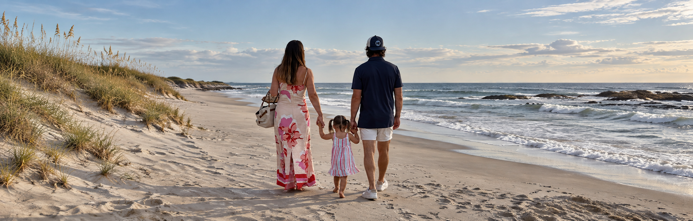 A family holding hands and walking along the coast, seen from behind, with a HatBack cap